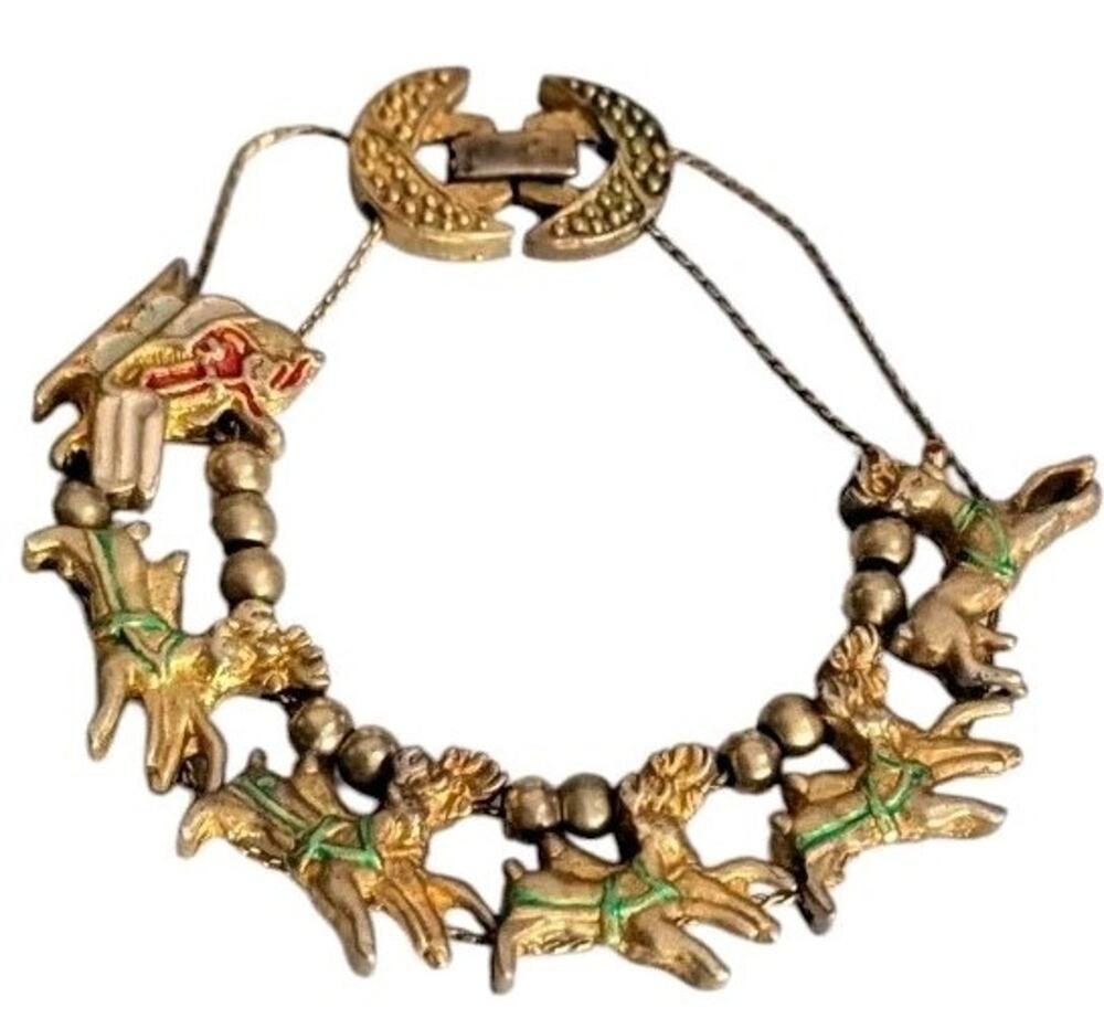 VTG Medici Two Sisters Slide Charm Bracelet Christmas Santa Reindeer Gold Tone